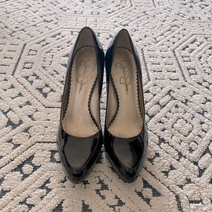 Black 7 Patent J.Simpson Pump With Tortoise Heel